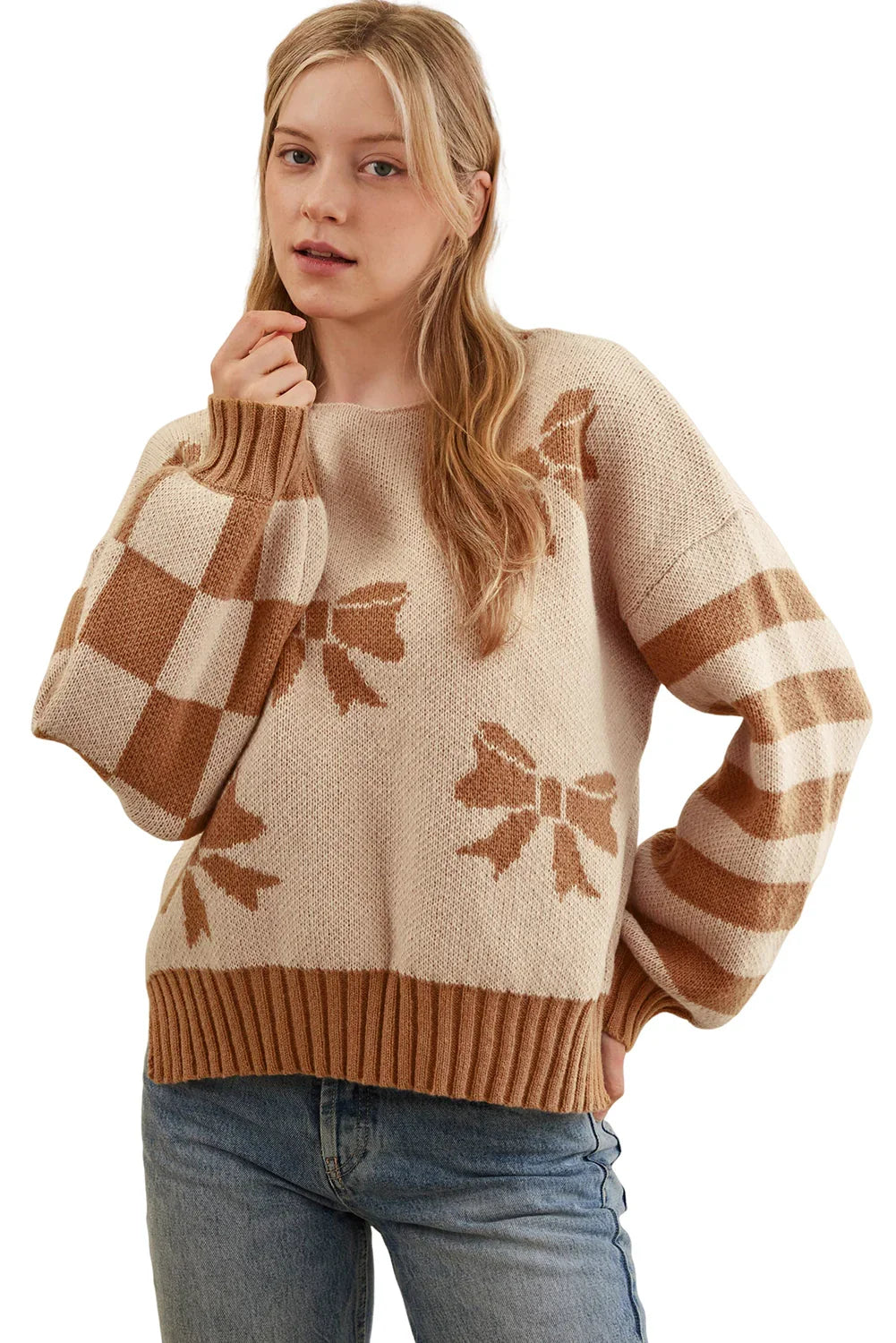 Straw Yellow Striped Checkered Sleeves Bow Print Knit Sweater