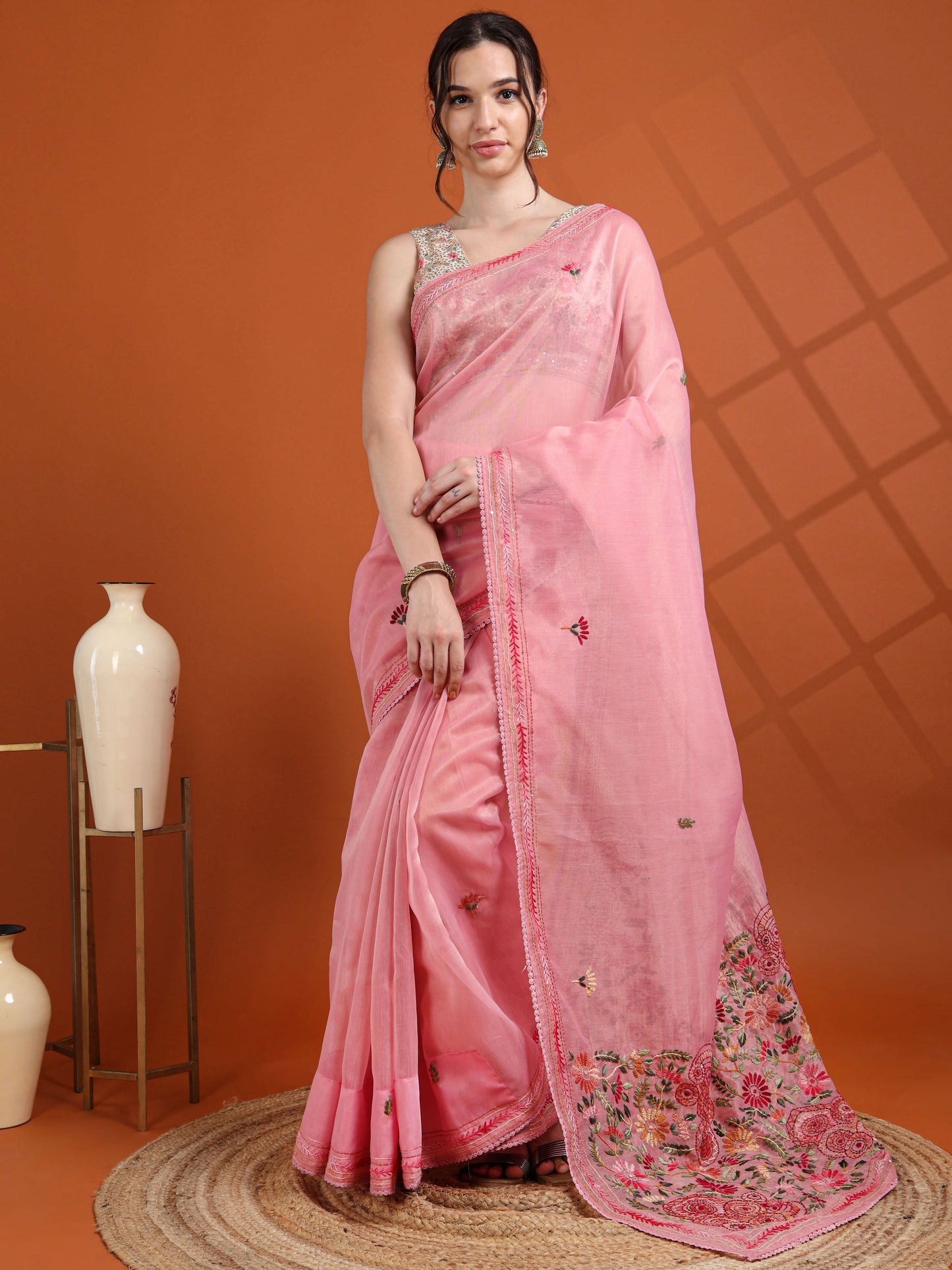 Blush Pink Chanderi Tissue Saree with Kantha Hand Work