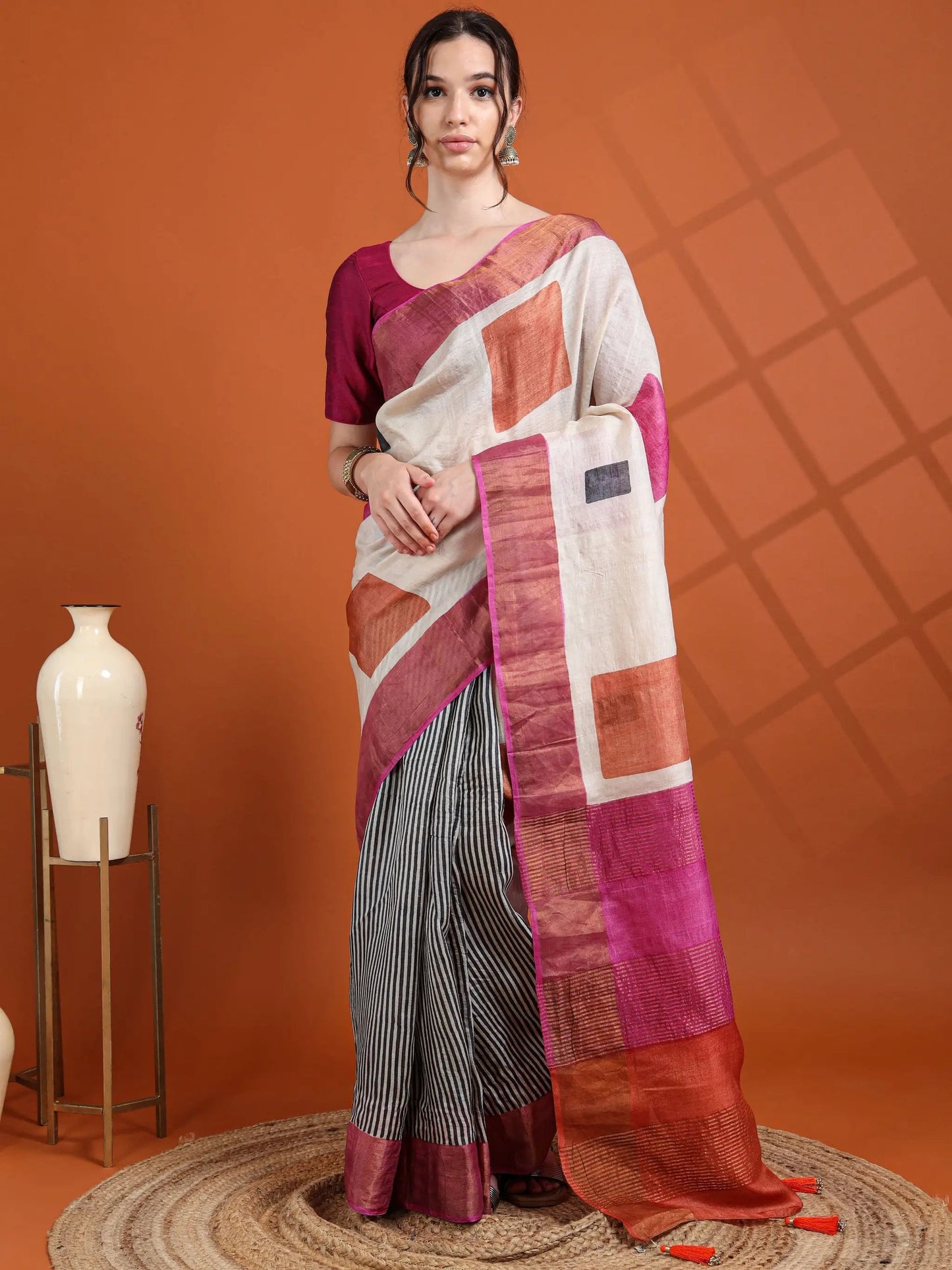 Ivory & Multicolor Geometric Tussar Silk Saree