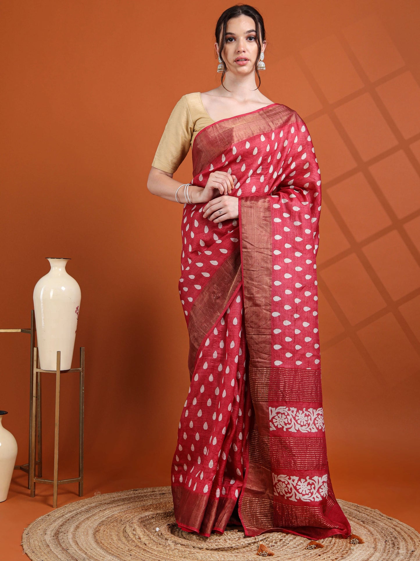 Cherry Pink Tussar Silk Saree with Raindrop Motifs