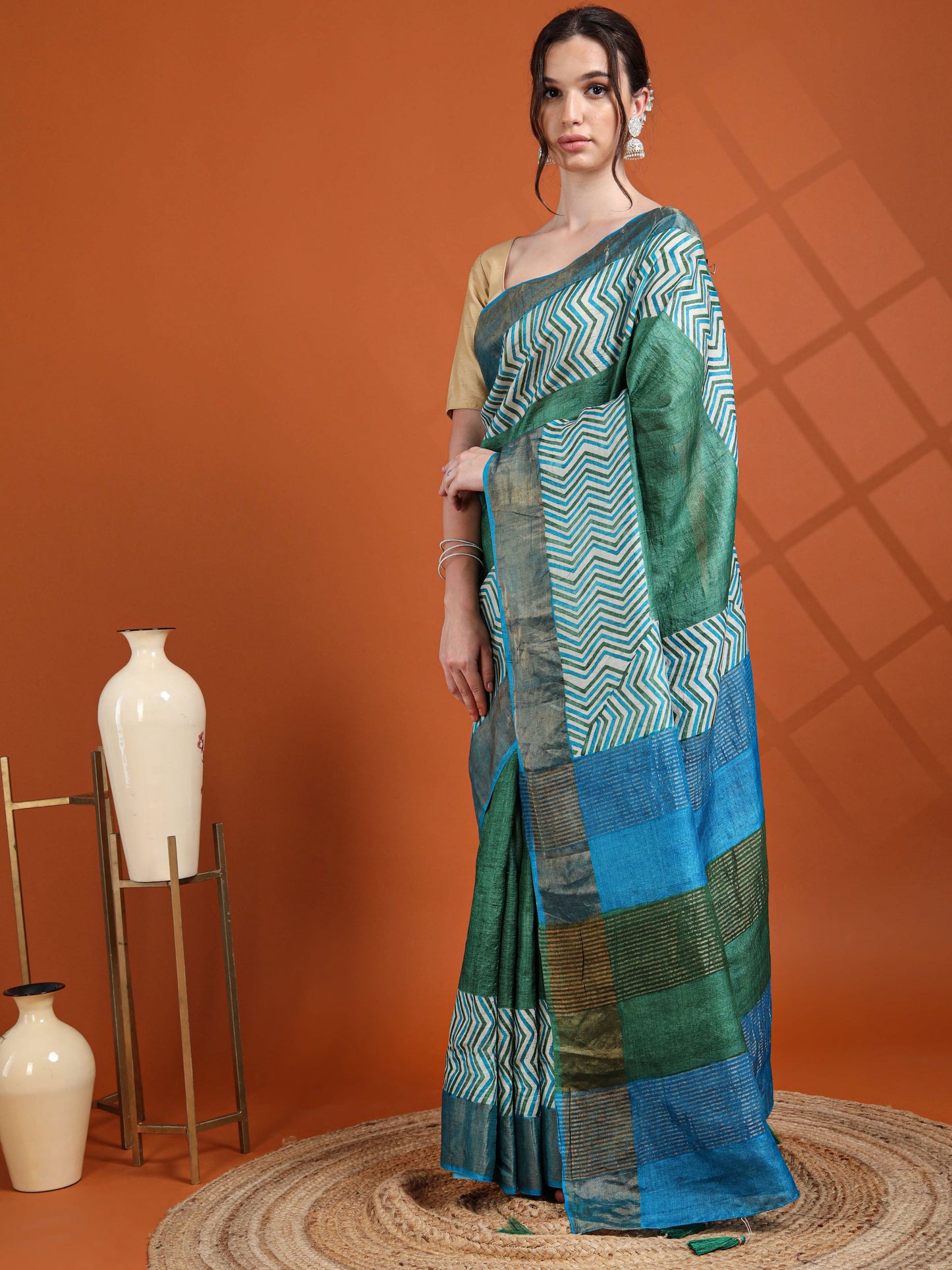 Green & Blue Dual Tone Tussar Silk Saree