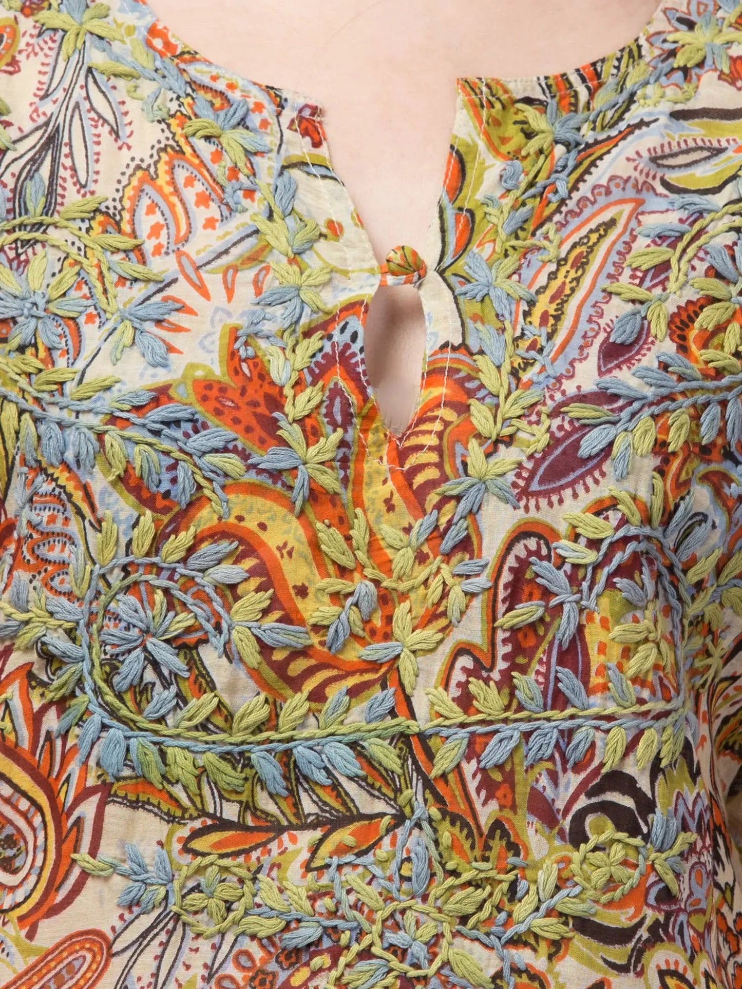 Aru Sun Blouse Top - Chikankari Embroidery on Digital Printed Cotton Tunic for All Day Comfort