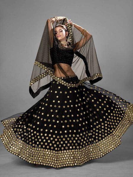 Myra Black Heavy Embroidered Georgette Bridal Lehenga XL