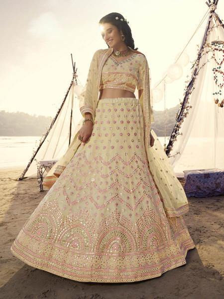 Myra Light Yellow Embroidered Organza Bridal Lehenga XS