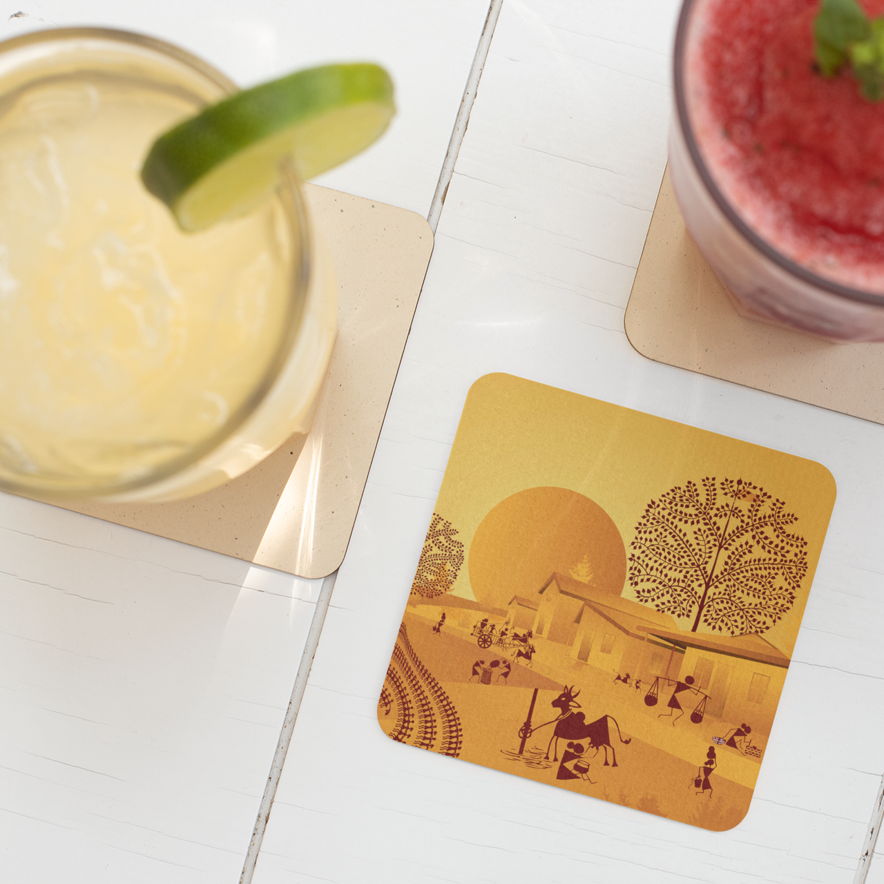 Warli Art Coasters (Set of 4) — Tribal Circle Drink Coasters with Cork Backing