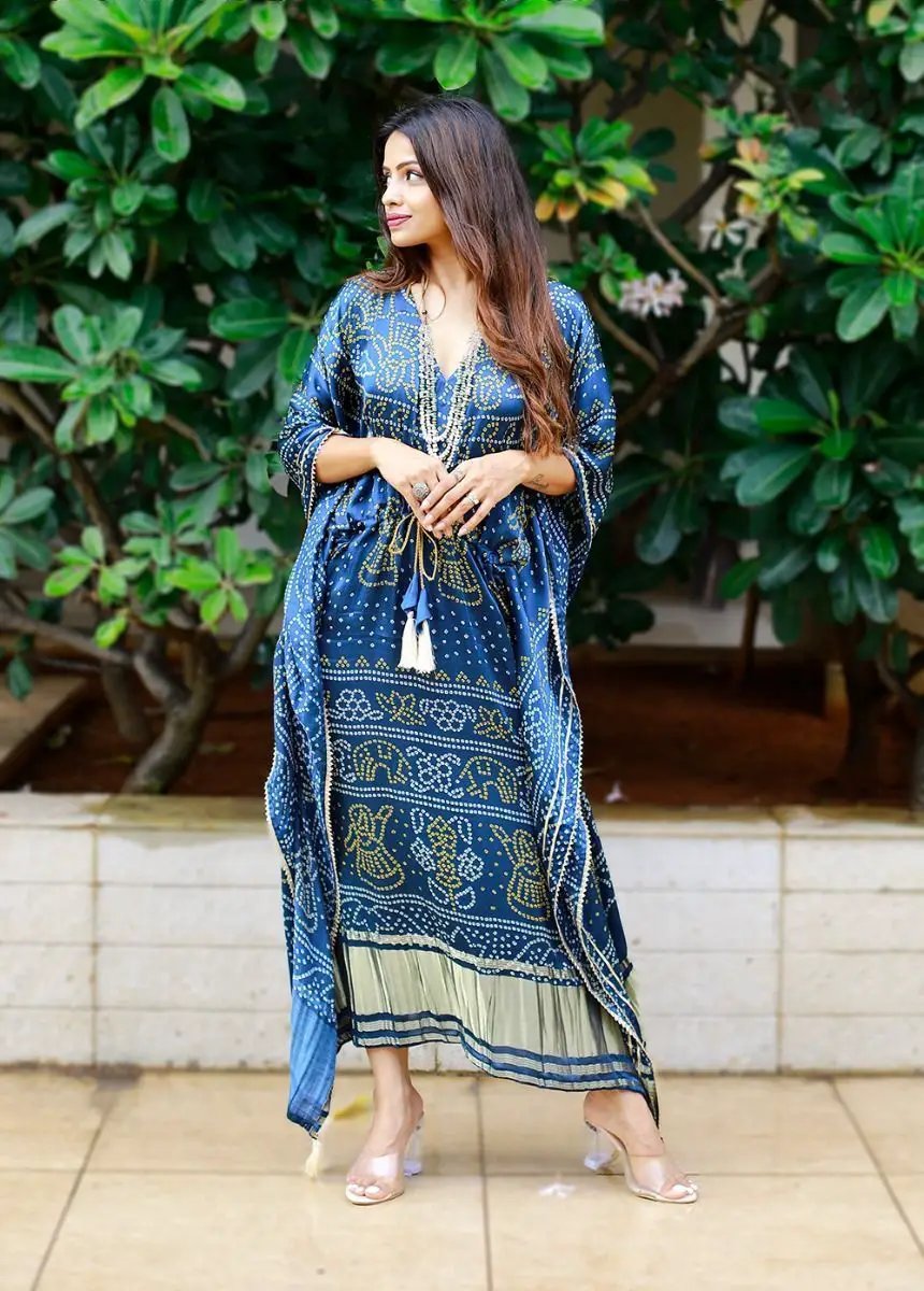 Regal Blue Bandhej Print Gaji Silk Readymade Kaftan