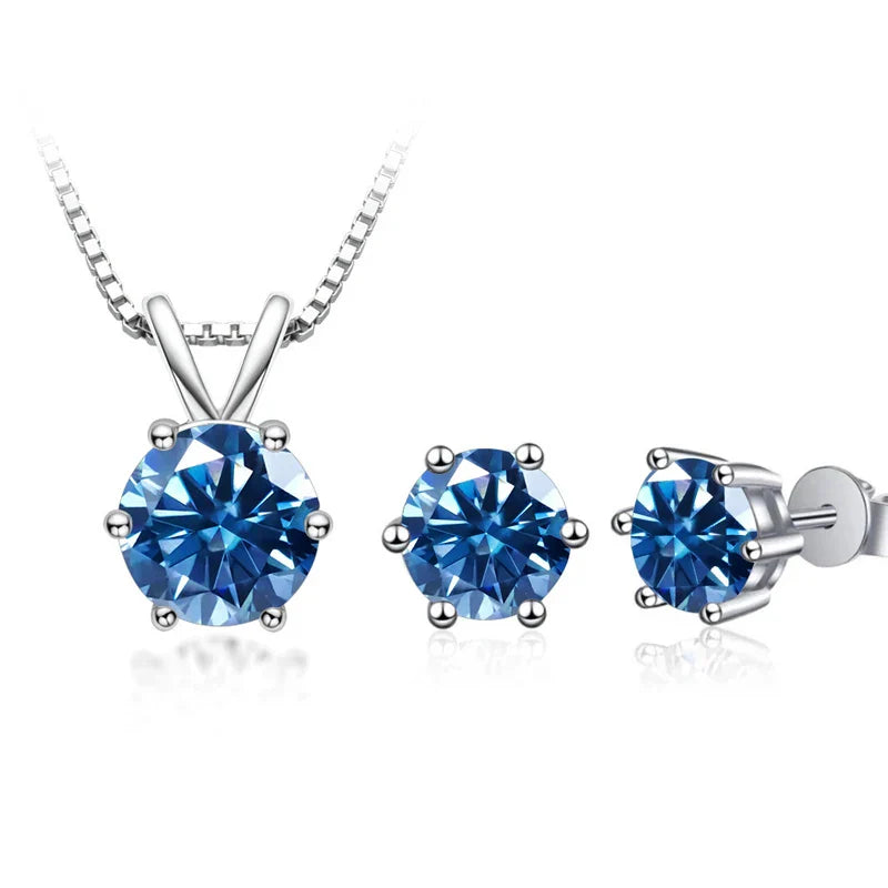 3Ct Moissanite Necklace Earrings Set 925 Sterling Silver GRA Cert Wedding 1.0CT per stone royal blue