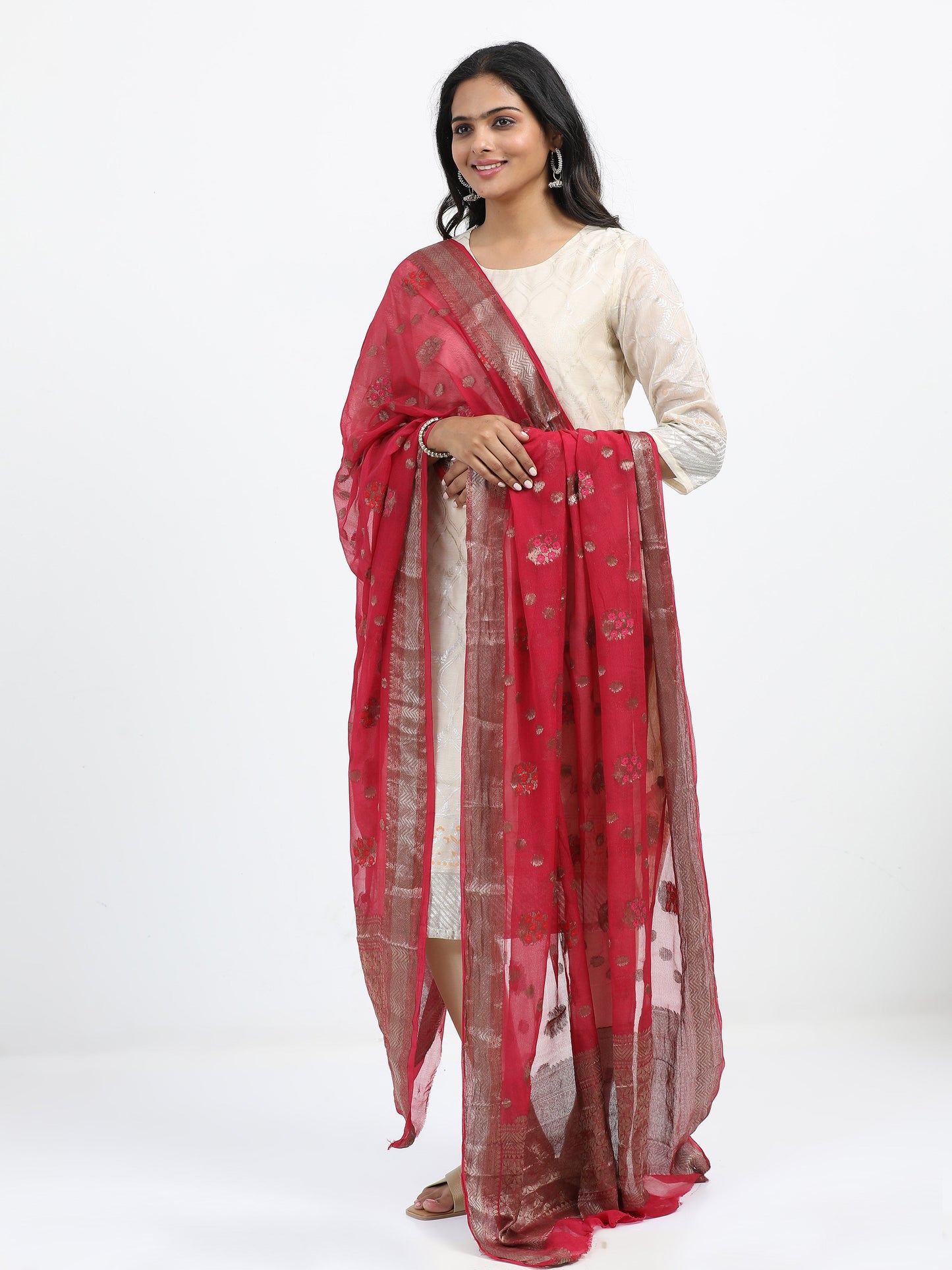 Burgundy Pure Chiffon Antique Zari Meenakari Banarasi Dupatta with Gold Accents