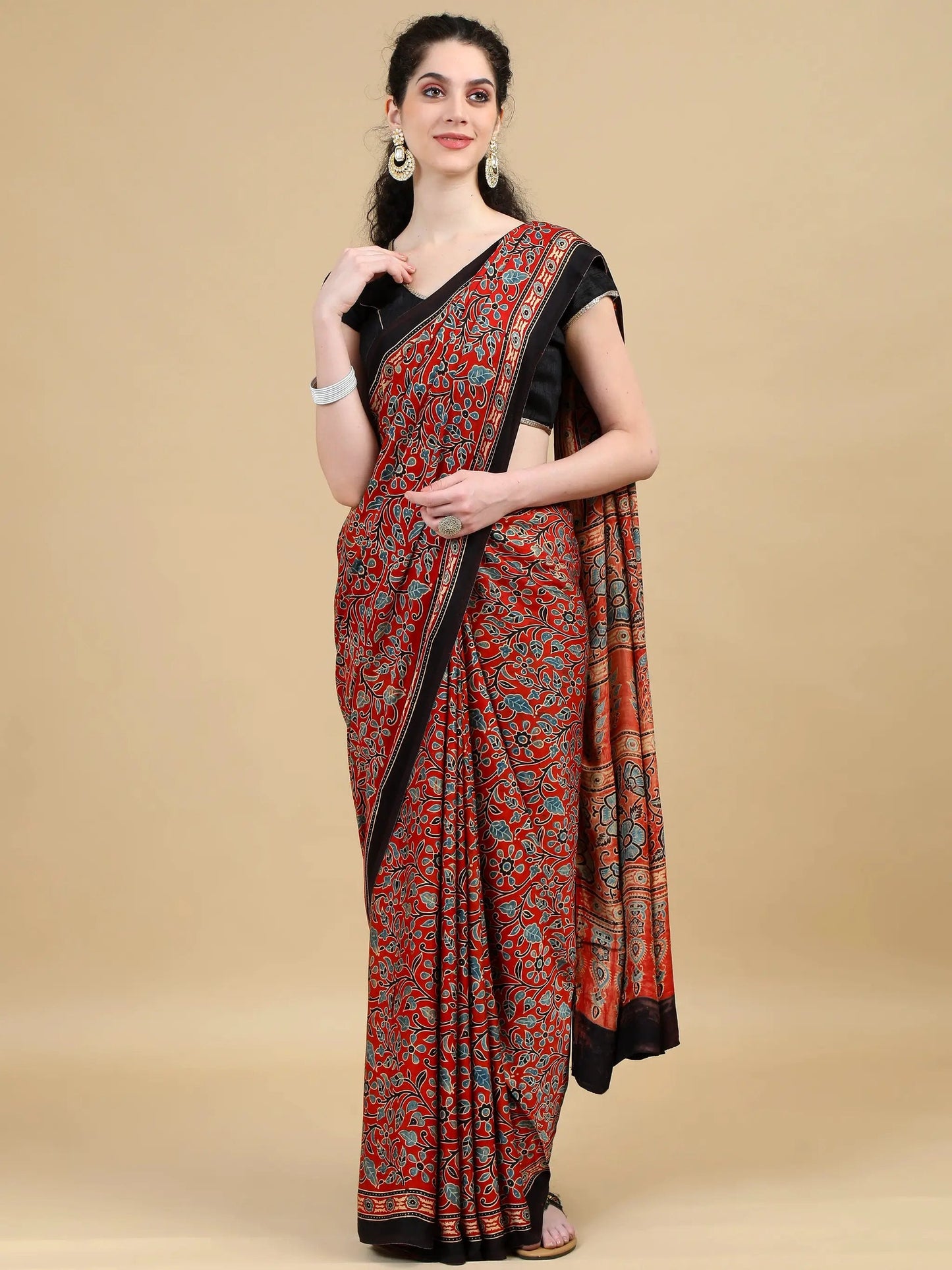 Rust Red Floral Hand Block Print Ajrak Saree with Black Border