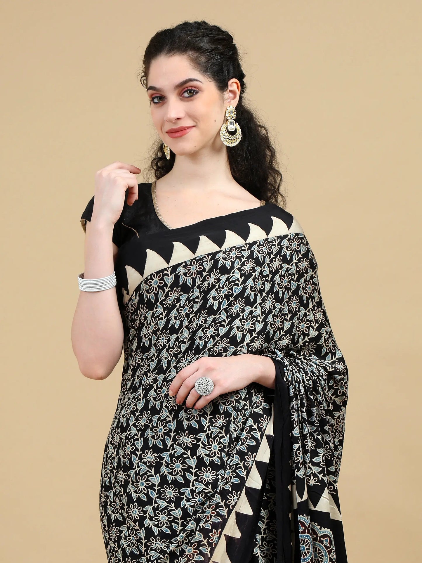 Ajrak Black Floral Hand Block Print Modal Silk Saree