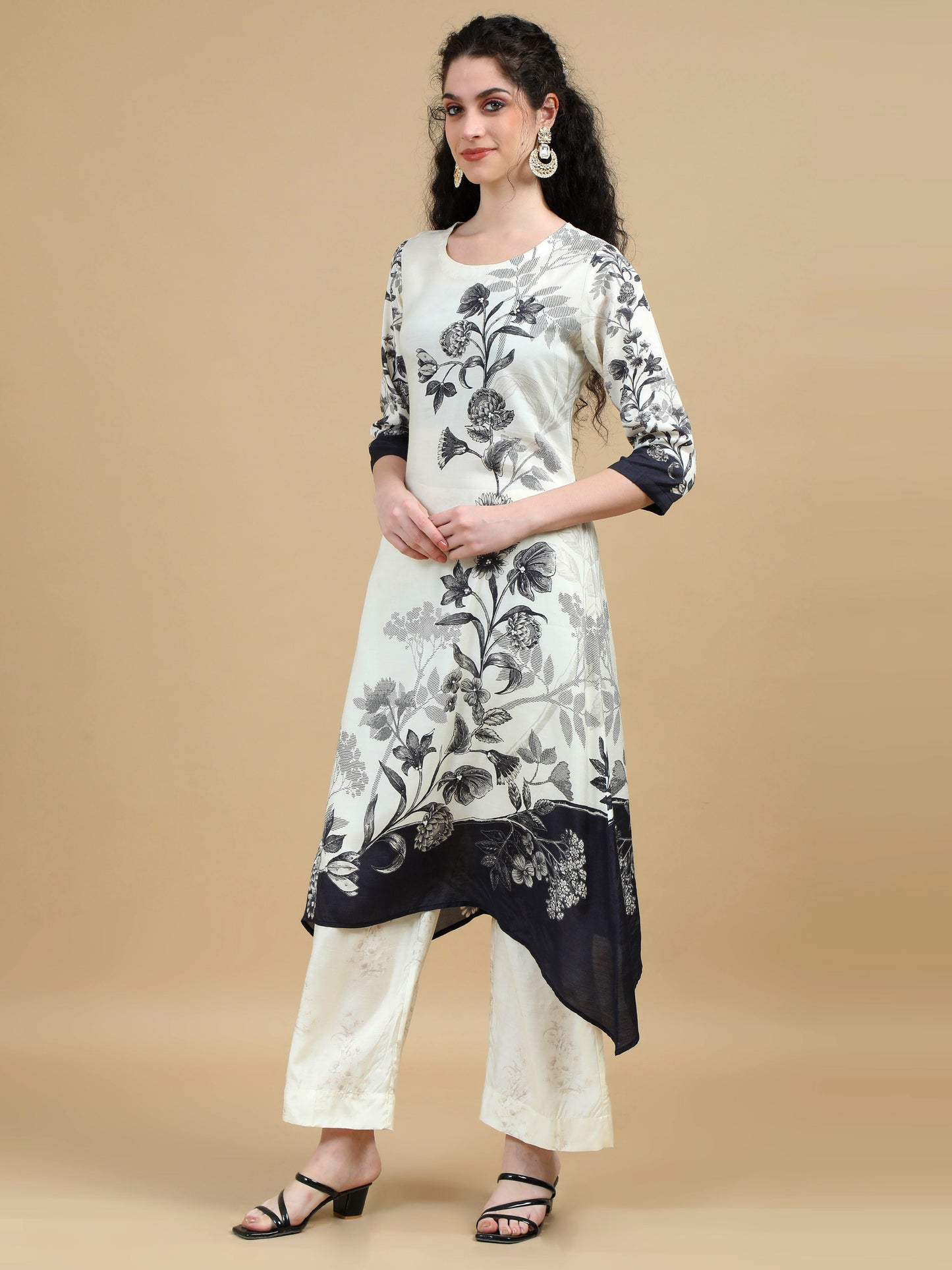 White & Black Monochrome Floral Print Kurta Suit