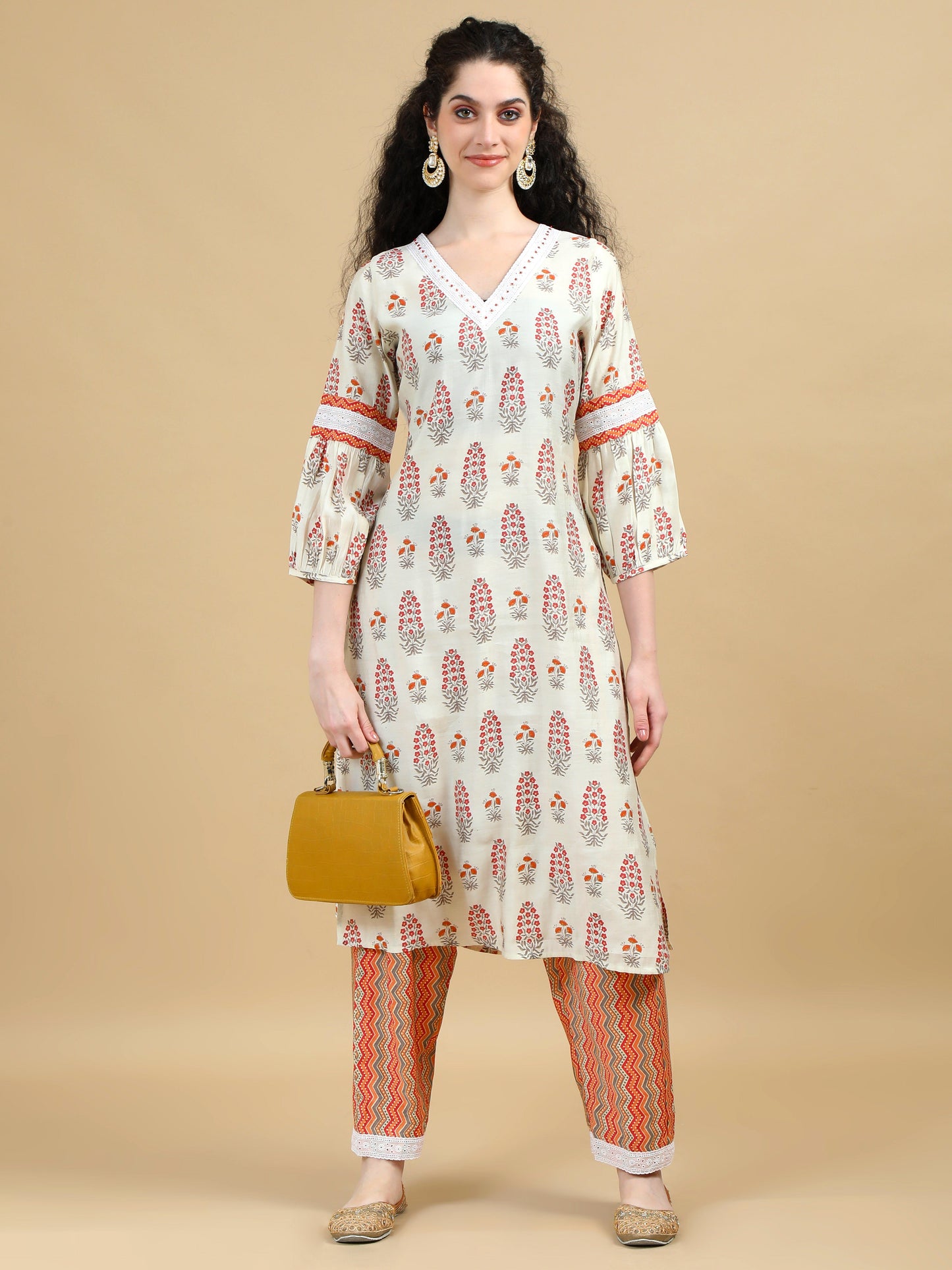 Elegant Floral Print Off-white Kurti Set