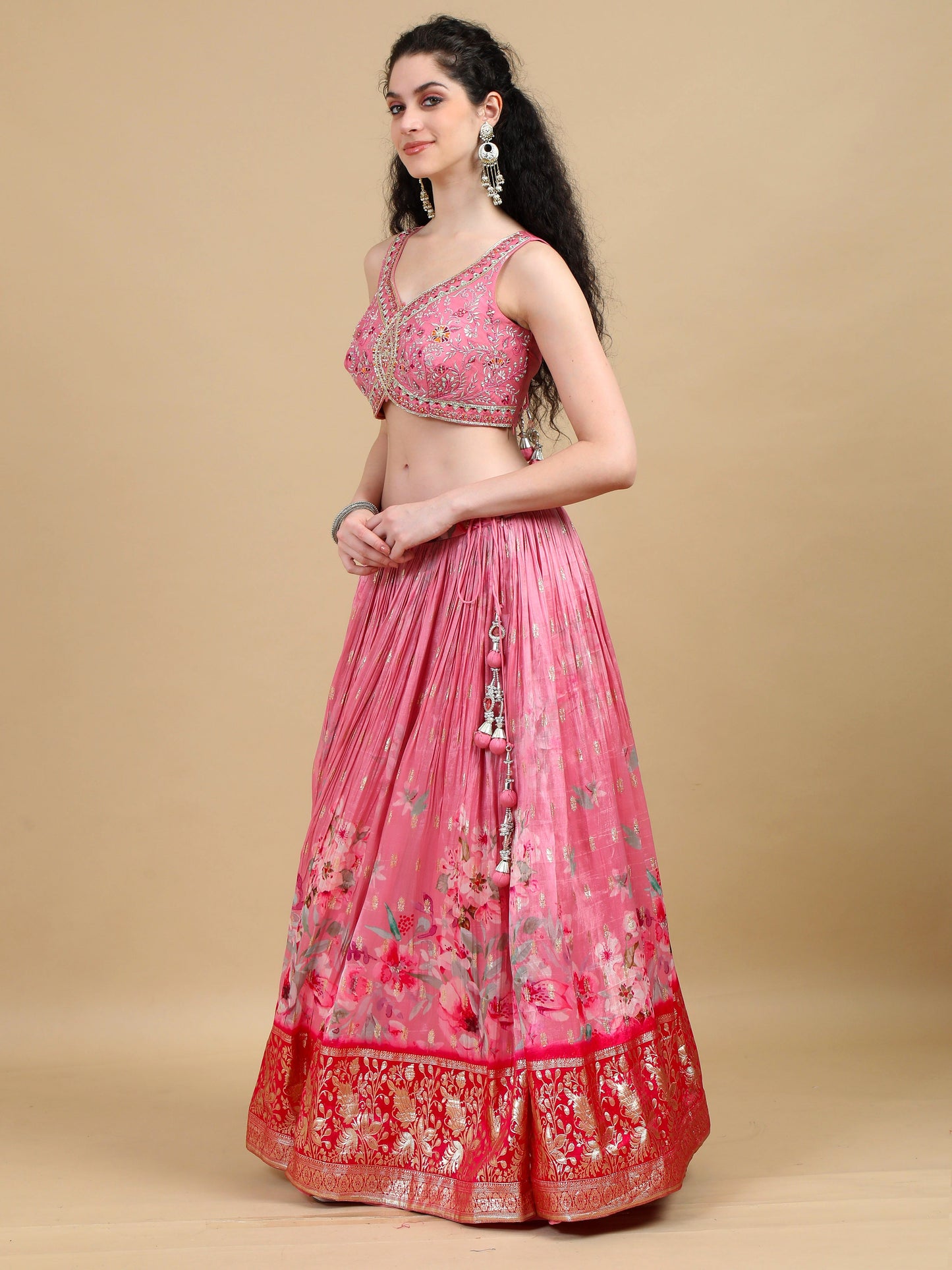 Elegant Pink Floral Lehenga Set with Zari Border