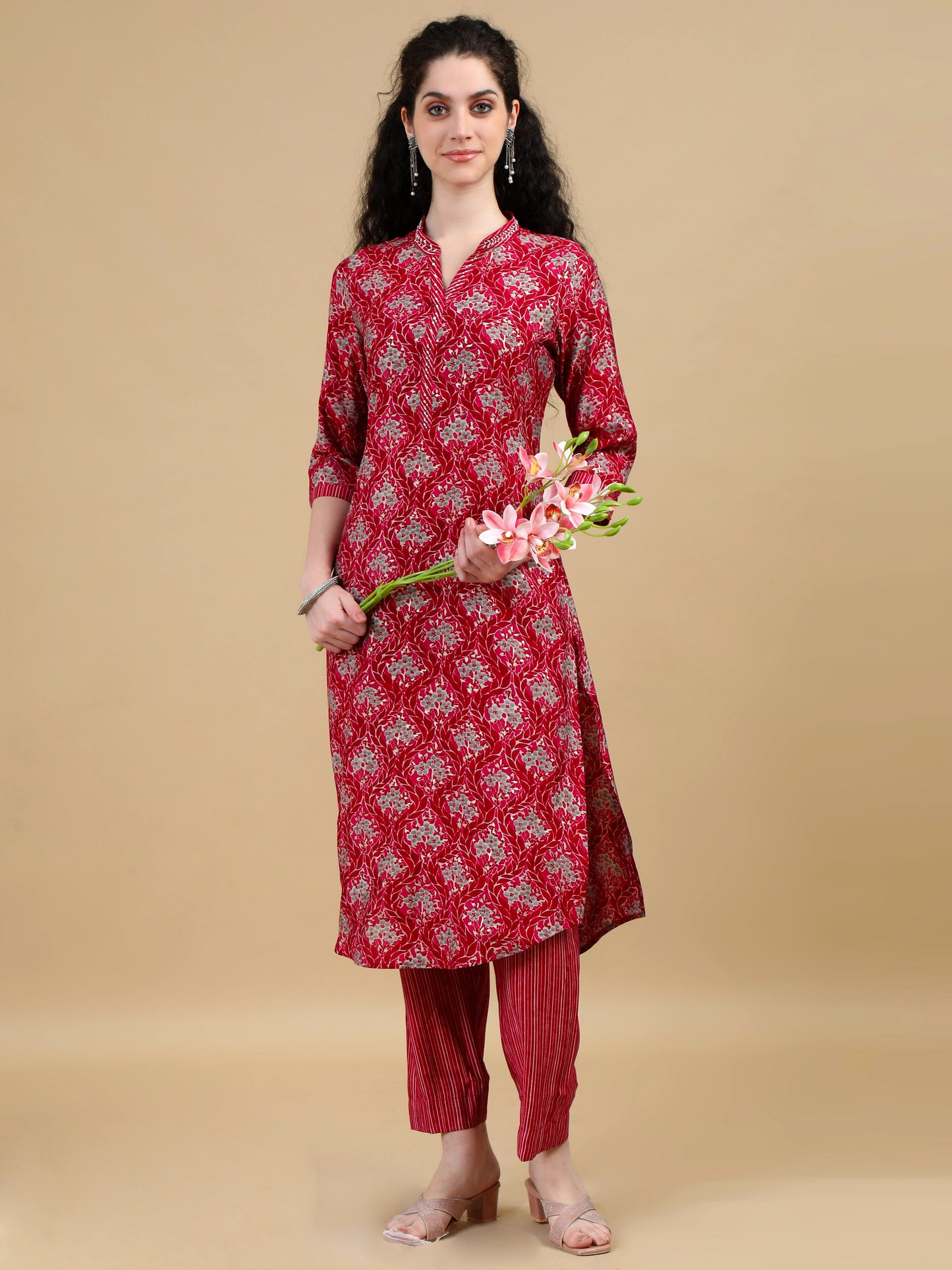 Deep Red Printed Kurti Set with Striped Pants