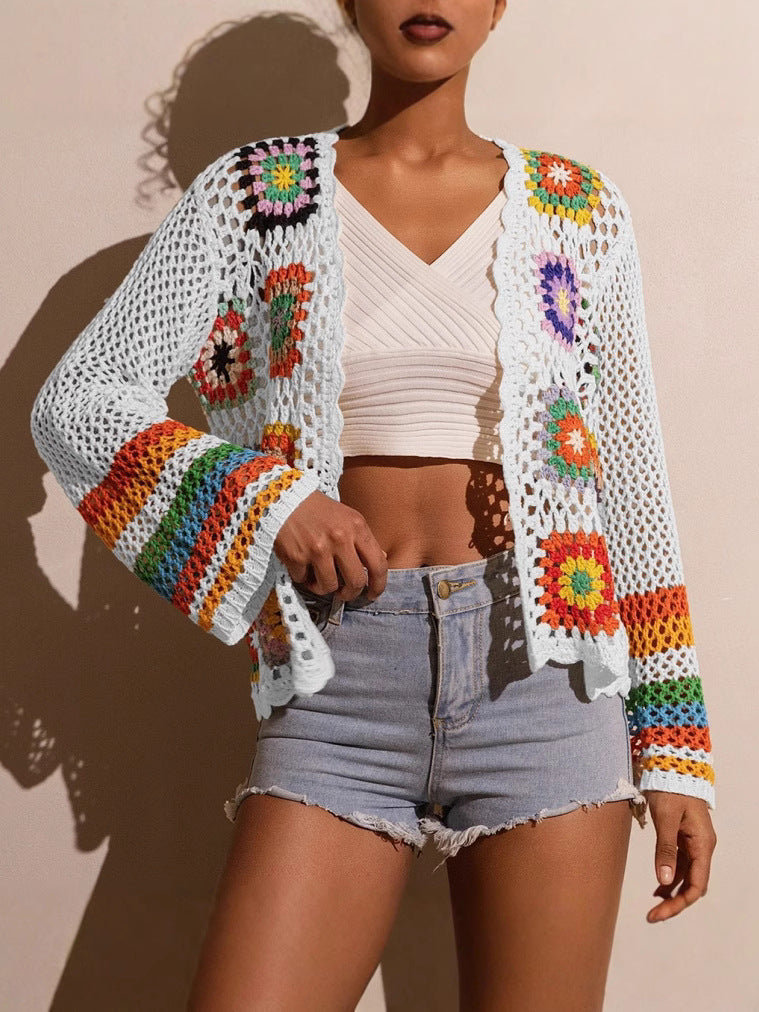 Hand-Crocheted Knitted Cardigan for Women White