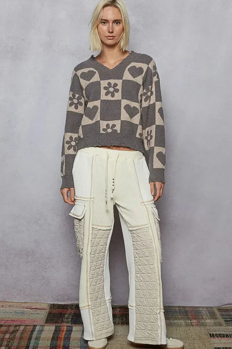 Pol V Neck Heart Pattern Checkered Sweater Oversized