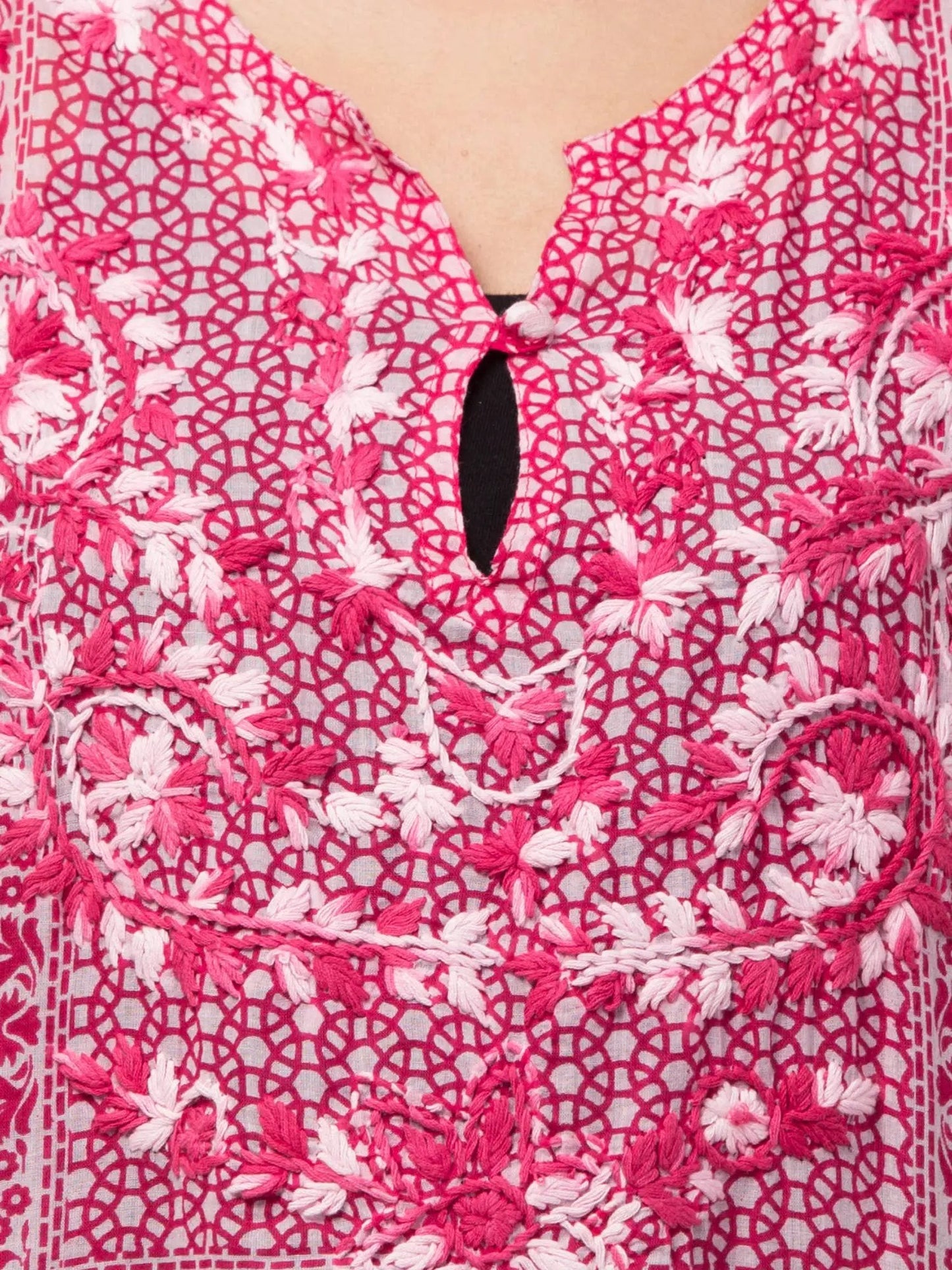 Gia Tunic Top - Hand Embroidered Chikankari On Vibrant Organic Cotton In Hot Pink
