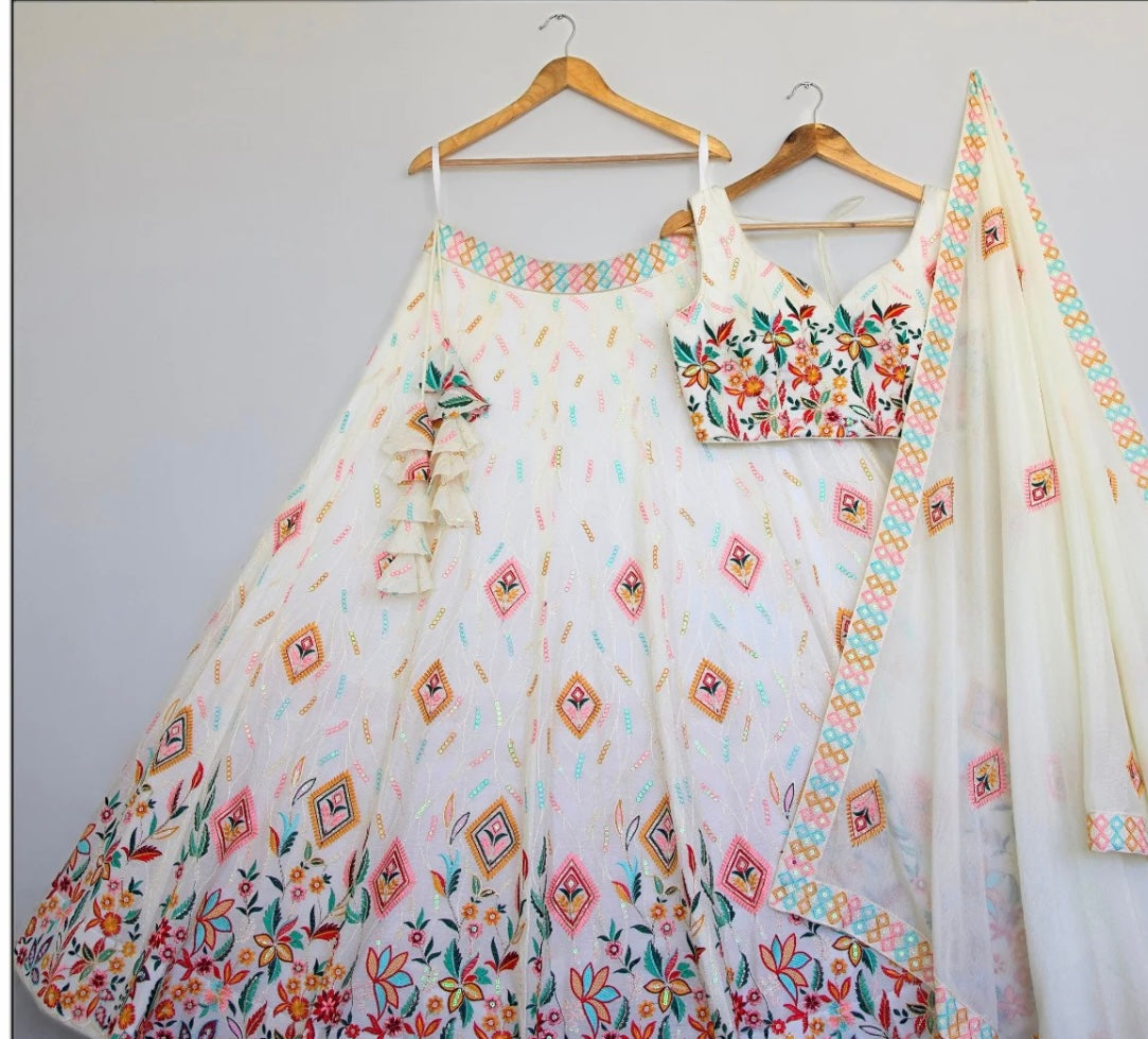 White color Designer Sequence Embroidery work Lehenga Choli