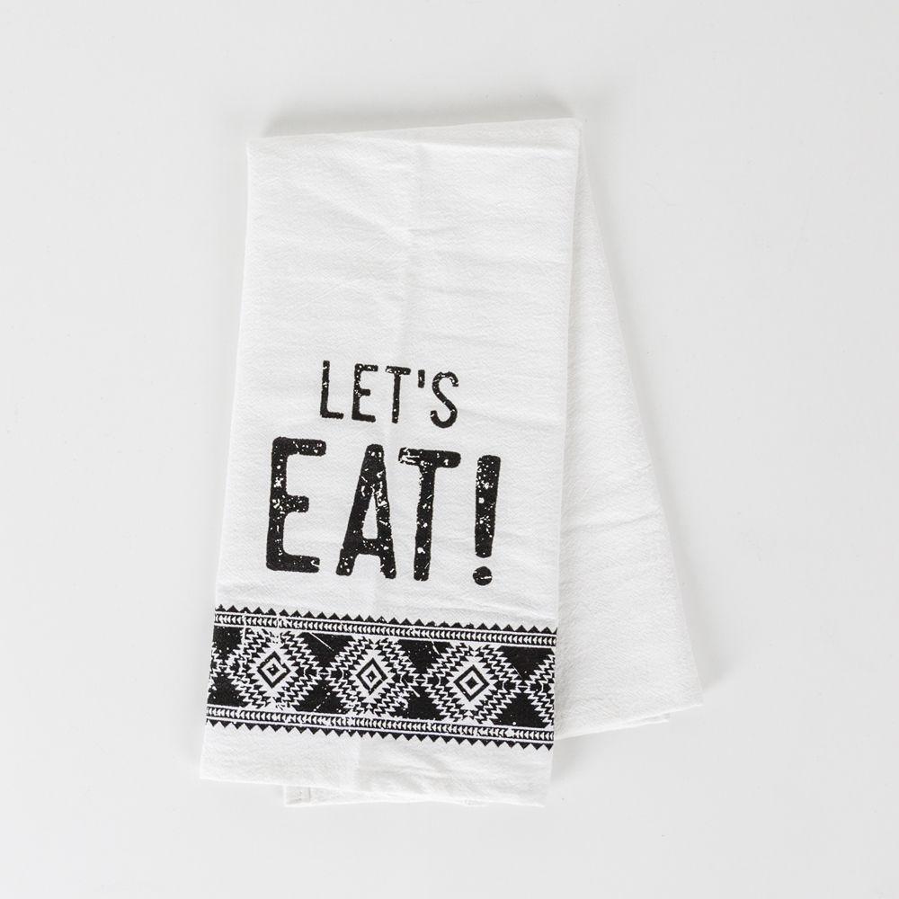 Jacquard Black White Aztec Tea Towel 24 x 17 Kitchen Hand Towel Lets Eat Festive Cotton