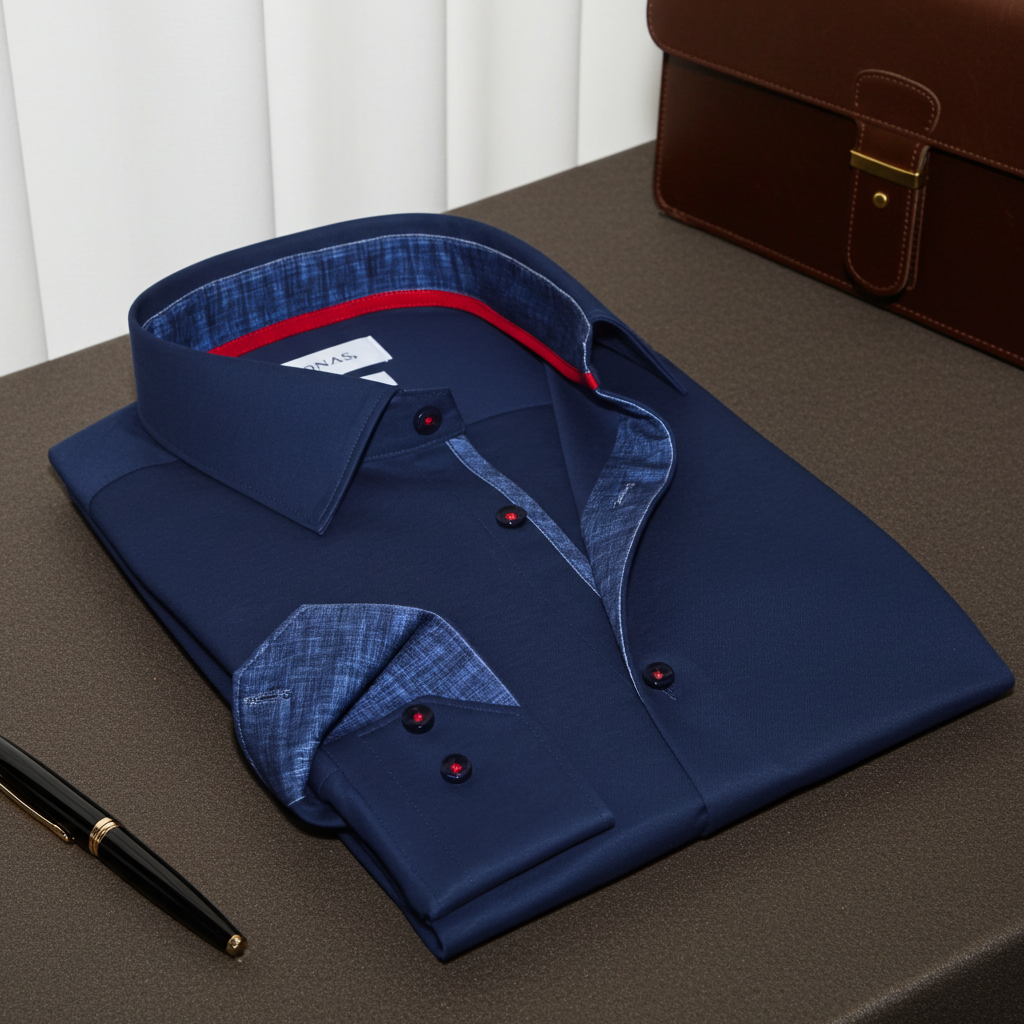 Kevin// Cotton Knit-Stretch Button-Up Shirt With Contrast Details // Navy // Tailored Fit (Fitted)