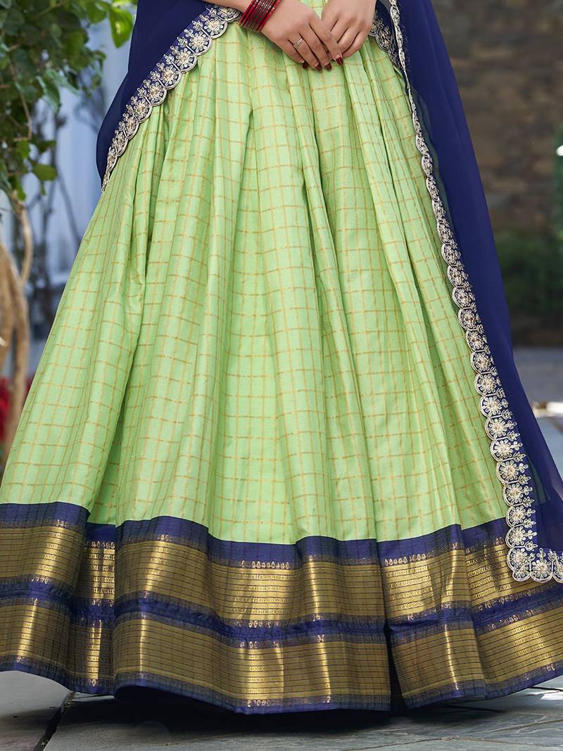 Pista Green Zari Weaving Half Saree Lehenga