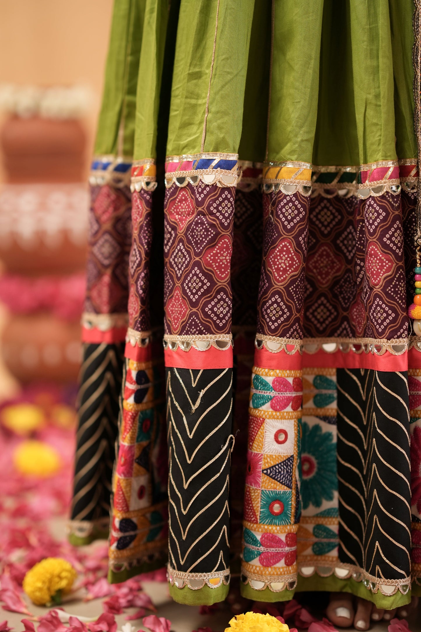 Green Navratri Lehenga with Multicolor Patchwork Border