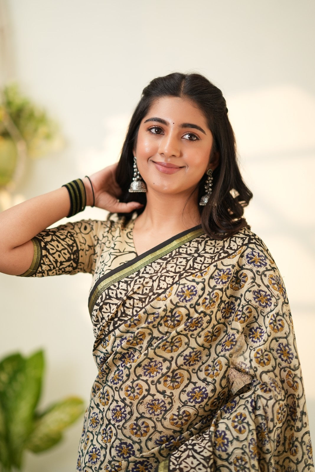 Beige Pure Chanderi Silk Cotton Saree with Traditional Floral Prints