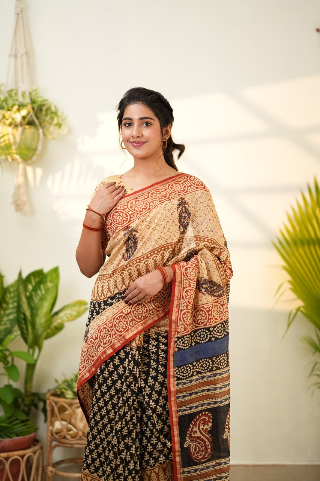 Beige and Black Pure Chanderi Silk Cotton Saree with Traditional Prints