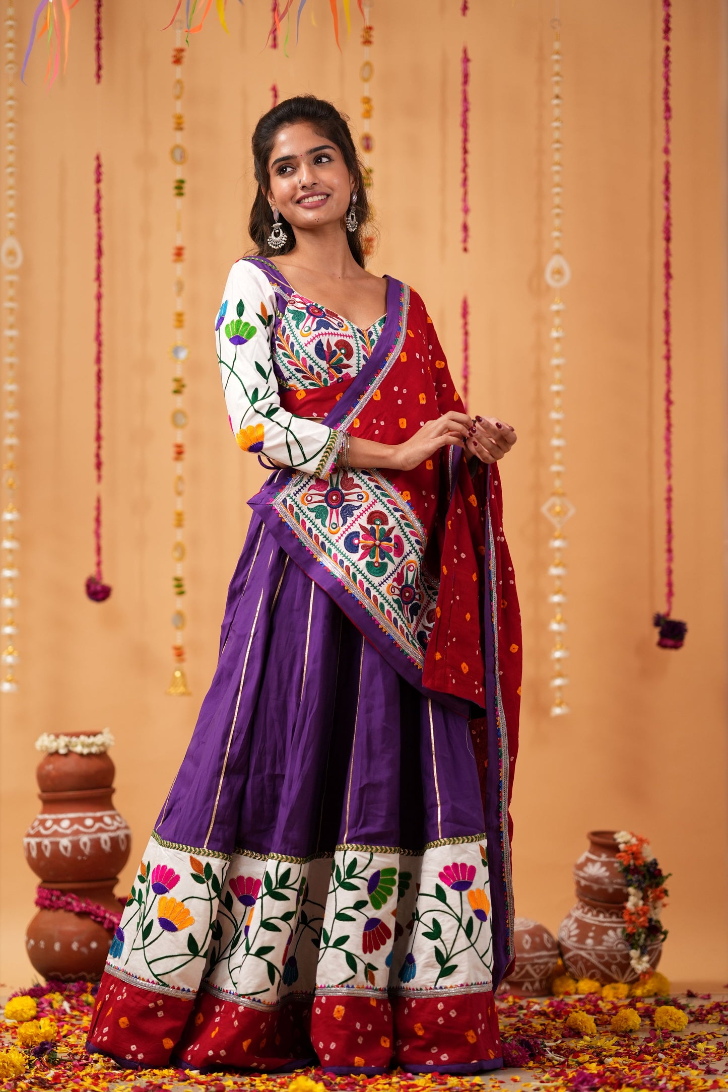 Purple Lehenga with Red Bandhej Dupatta & Embroidered Blouse
