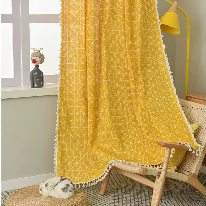 Nordic Linen Curtain Kitchen Curtain 棋盘格+流苏挂钩帘