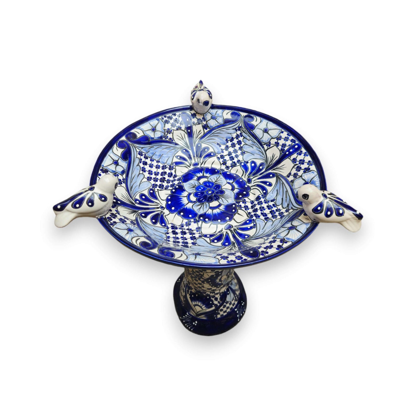 Blue & White Talavera Bird Bath with Rim Birds | Mexican Garden Art