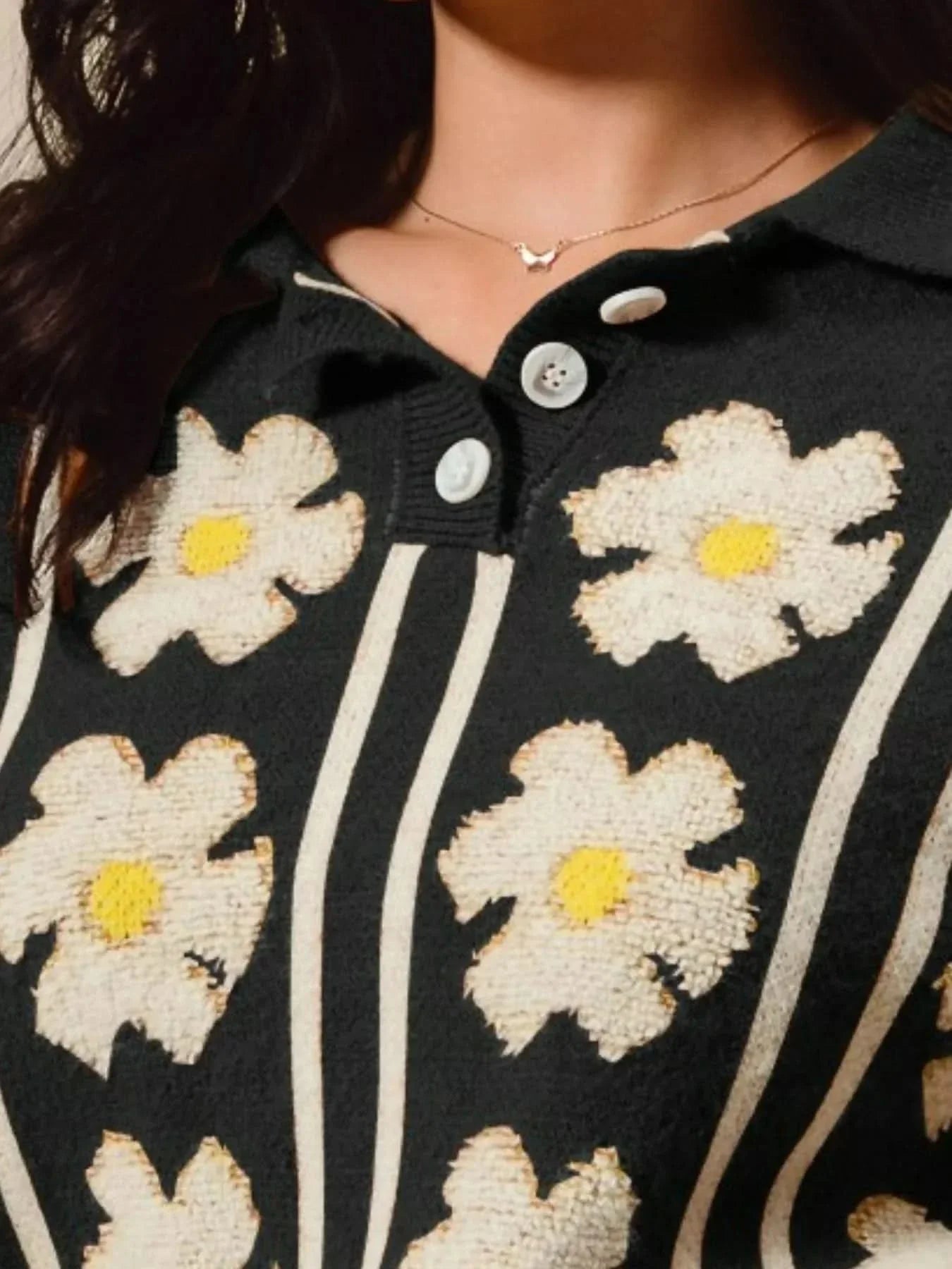 So Me Floral Stripe Polo Collar Sweater For Women Casual