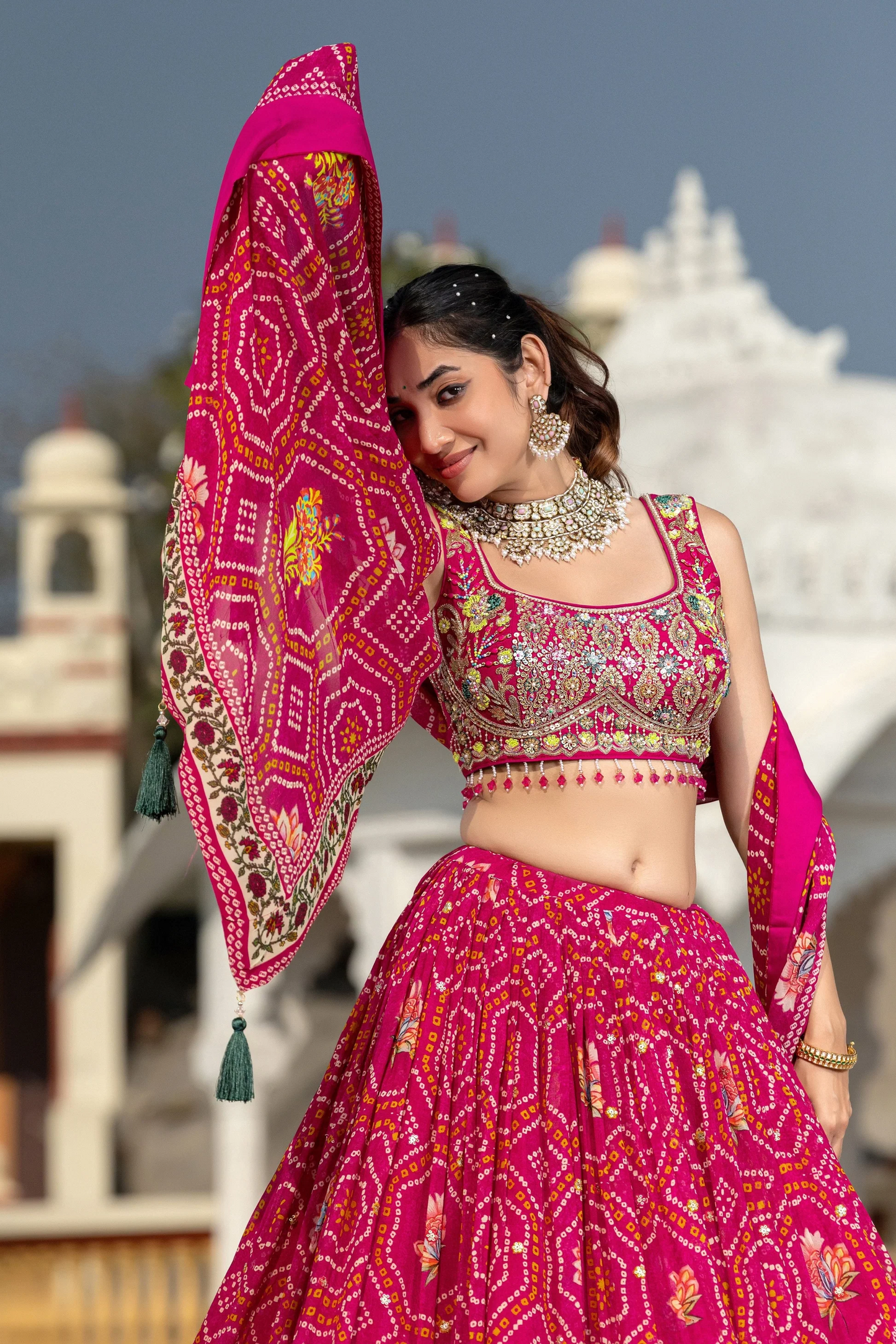 Bandhani Lehenga Choli with Hand Embroidered Blouse