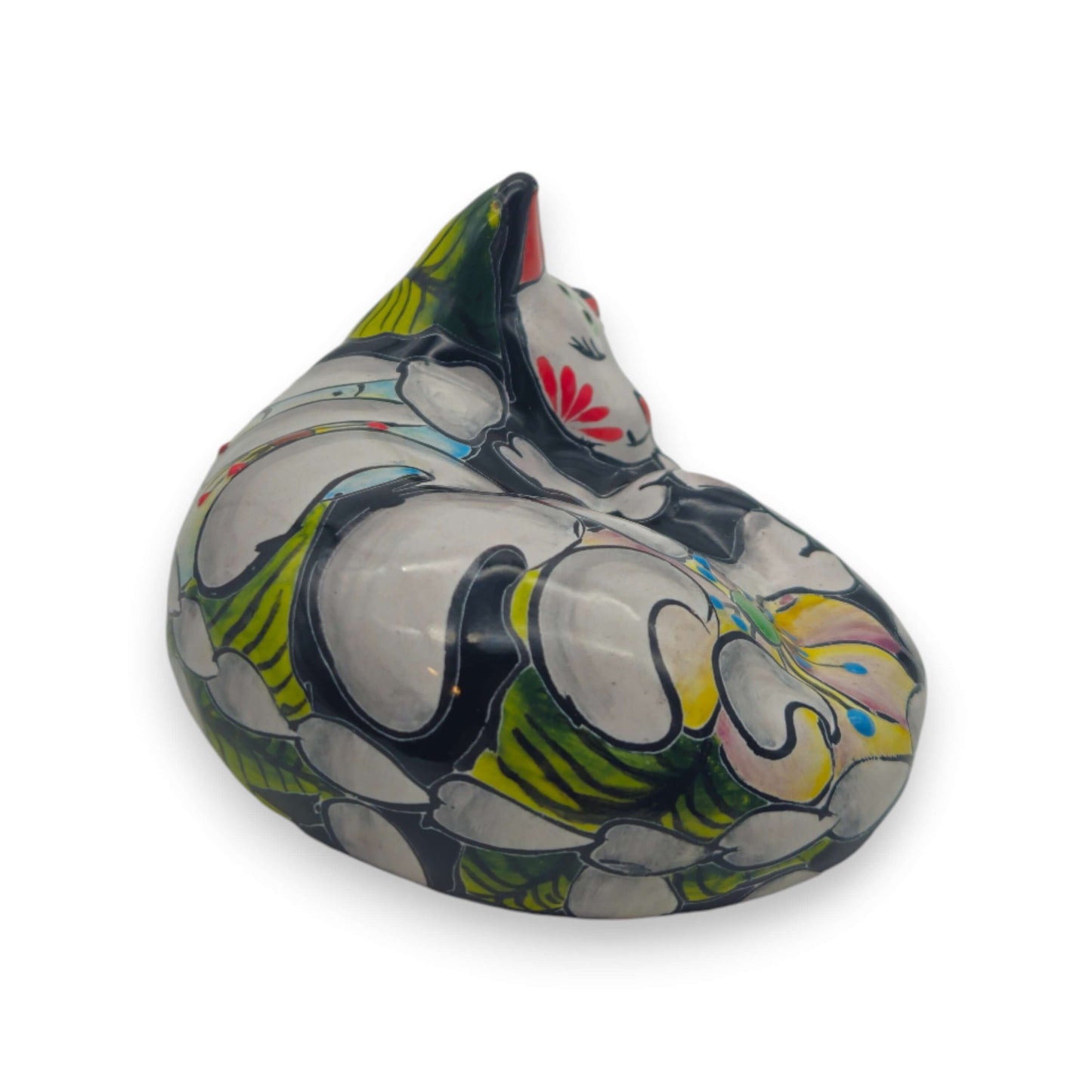 Talavera Sleeping Cat Figurine | Hand-Painted Mexican Decor