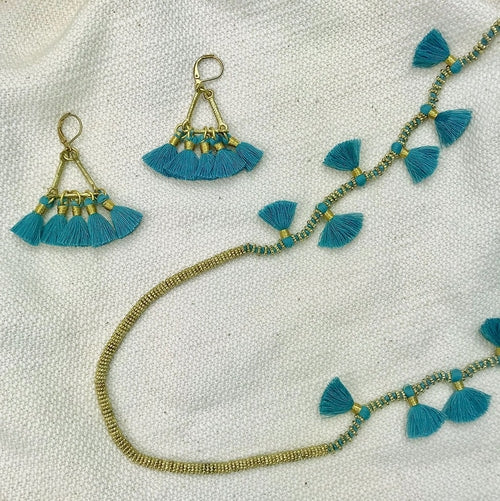 Long Cotton Tassel Necklace 23" Handmade Boho Indian Style Zinc Alloy Beads Turquoise