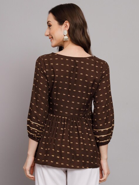 Coffee Brown Printed Rayon Peplum Top