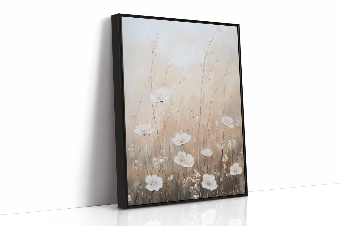 Serenity in Beige Blossoms Black Framed Canvas