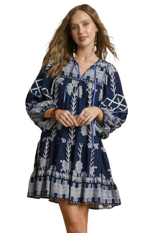 Umgee Tribal Print Dress with Tie Neck NAVY