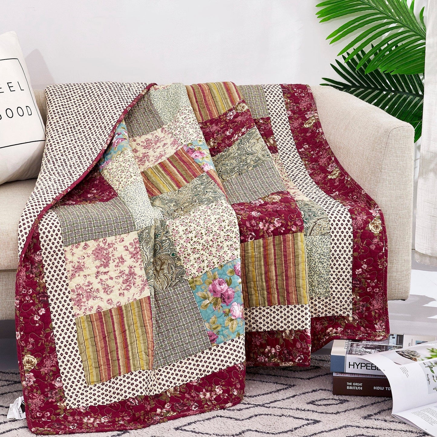 Tache Fairy Tale Tea Party Beige Burgundy Paisley Floral Cotton Patchwork Quilted Throw Blanket (DXJ103443) 50 x 60