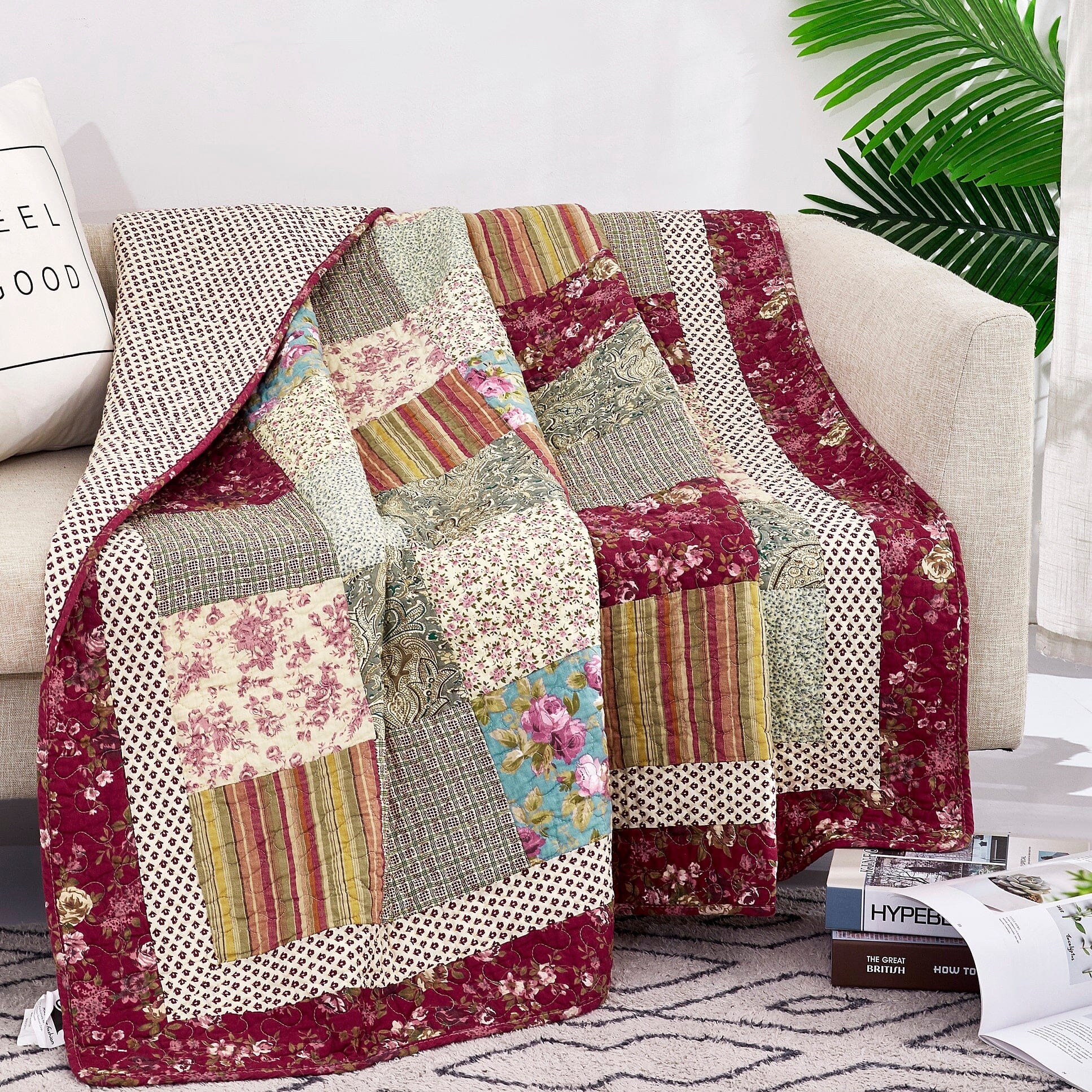 Tache Fairy Tale Tea Party Beige Burgundy Paisley Floral Cotton Patchwork Quilted Throw Blanket (DXJ103443) 50 x 60