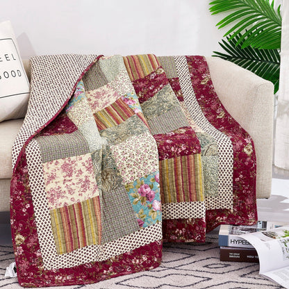 Tache Fairy Tale Tea Party Beige Burgundy Paisley Floral Cotton Patchwork Quilted Throw Blanket (DXJ103443) 50 x 60