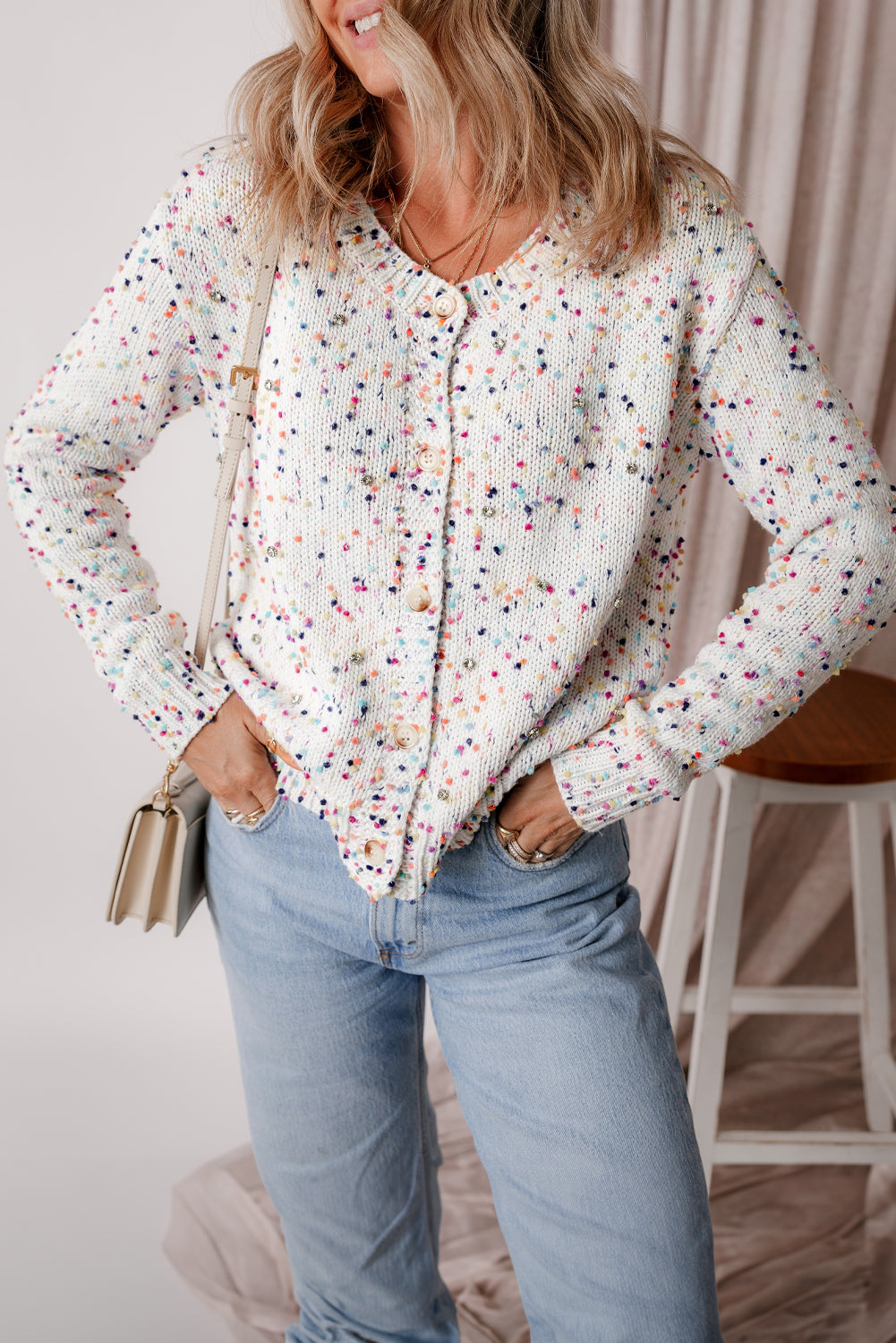 Vienna Rhinestone Decor Confetti Sweater White