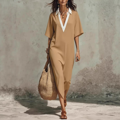 Women's V-Neck Loose Cropped-Sleeve Linen Midi Dress with Pockets Khaki
