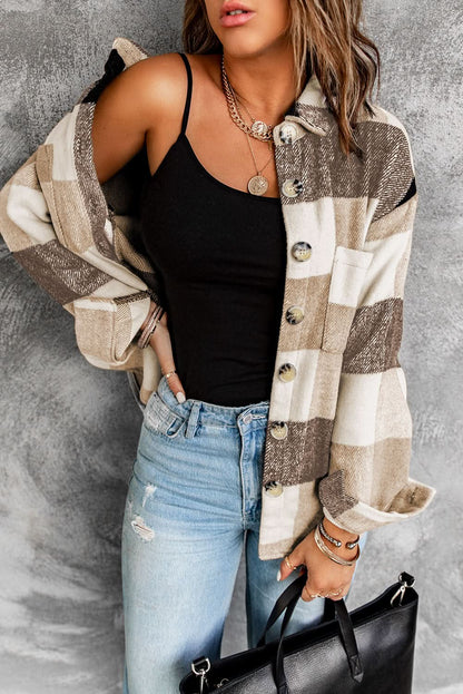 Khaki Plaid Color Block Shacket With Buttoned Pockets Khaki 95%Polyester+5%Spandex