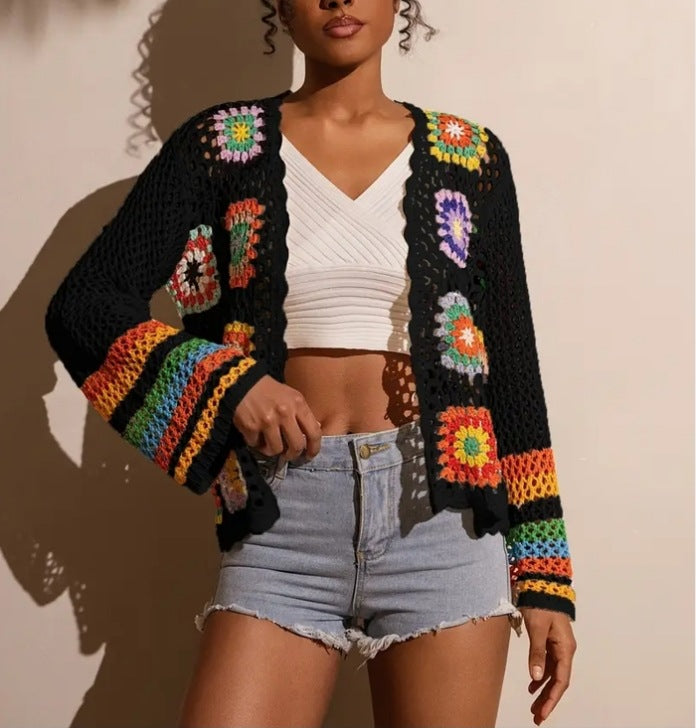 Hand-Crocheted Knitted Cardigan for Women Black