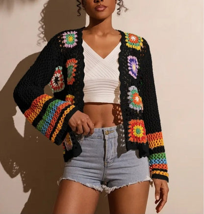 Hand-Crocheted Knitted Cardigan for Women Black