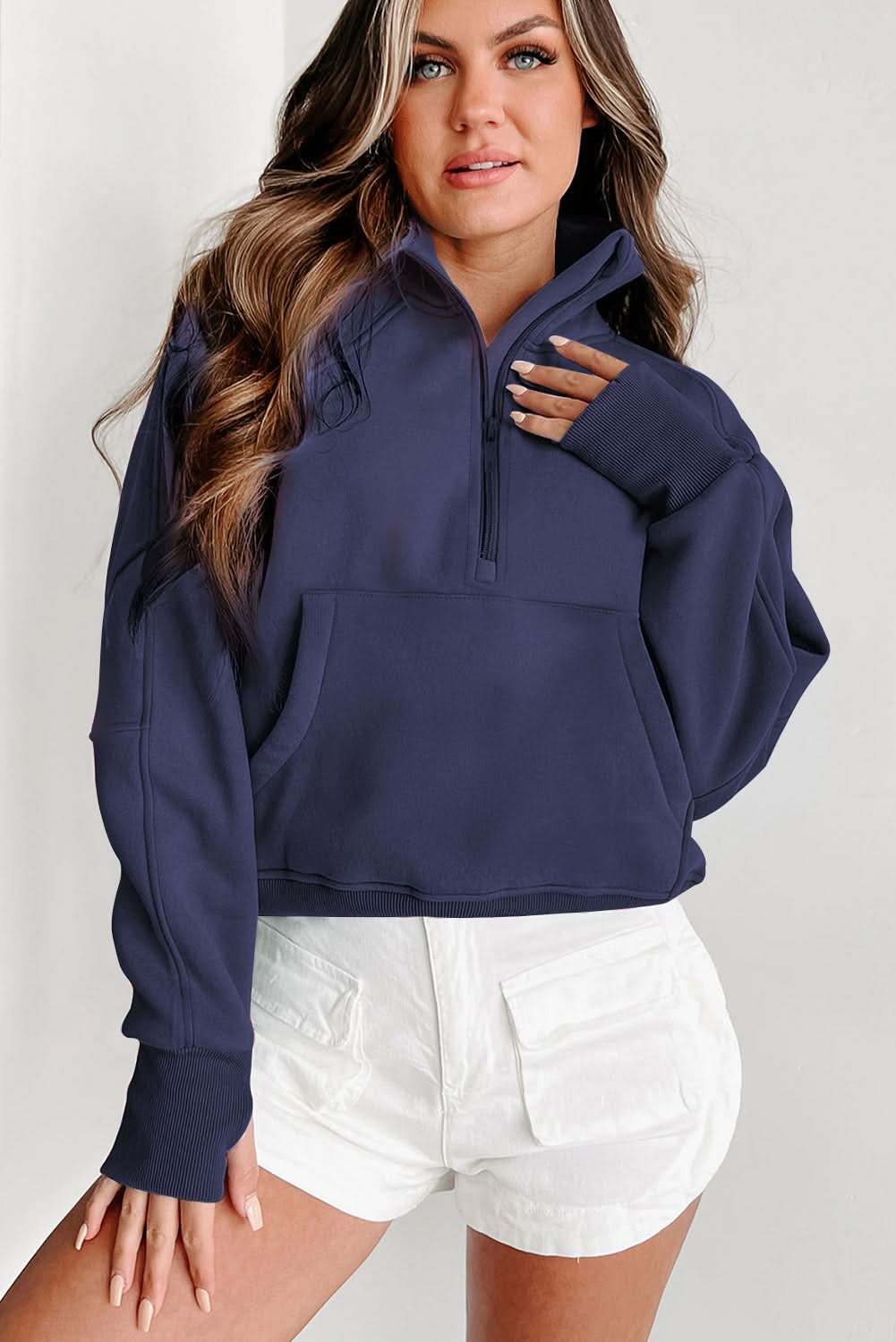 Green Zip Stand Collar Ribbed Thumbhole Sleeve Sweatshirt