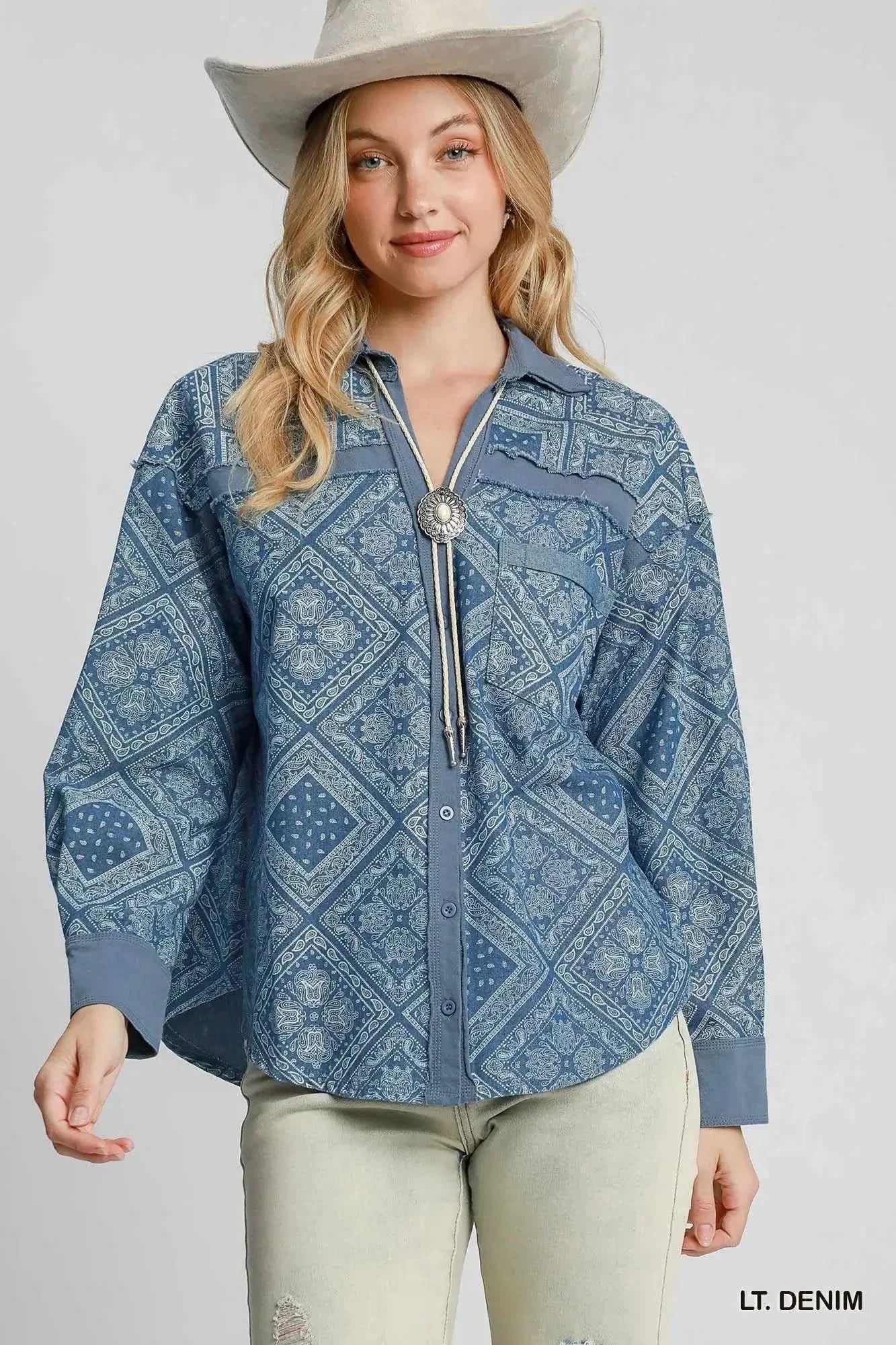 Umgee Paisley Print Denim Shirt Jacket LT. DENIM
