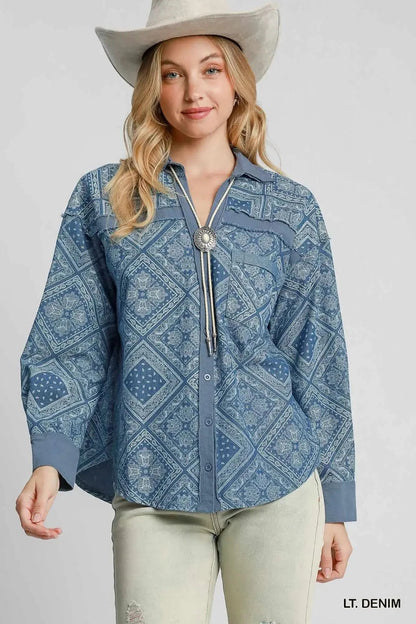 Umgee Paisley Print Denim Shirt Jacket LT. DENIM