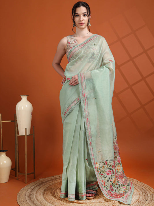 Mint Green Chanderi Tissue Saree with Hand Embroidered Pallu